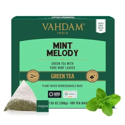 Abbildung von VAHDAM, Grüner Minze Tee (100 Pyramiden Teebeutel) Long Leaf Grüne Teeblätter Aus Dem Himalaya Gemischt Mit 100% Natürlicher Pfefferminztee Gartenfrischer Minztee