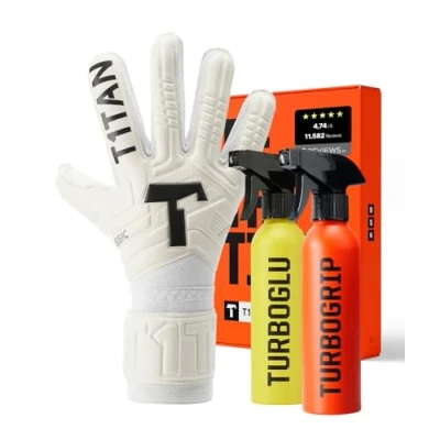 Abbildung von T1TAN Classic 1.0 White Out Junior (FP) + Turbogrip &amp; Turboglu Torwarthandschuhe Kinder mit Handschuhreiniger und Grip Booster Fingerschutz Fußballhandschuhe für Torhüter Größe 6