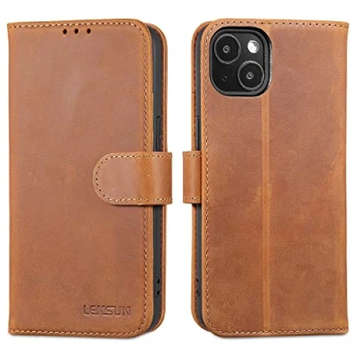 Abbildung von LENSUN Echtleder Hülle für iPhone 13 5G, Handyhülle [Echtes Leder][Magnetverschluss][RFID Schutz] Handytasche Lederhülle Klappbar Vintage Braun