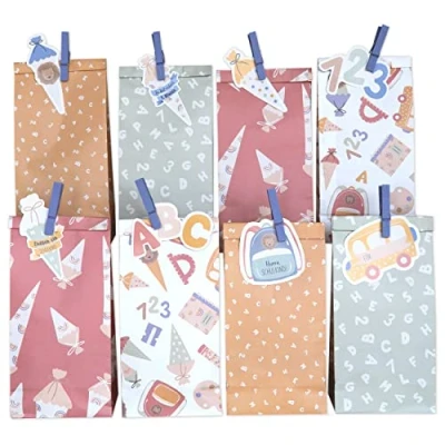 Abbildung von Papierdrachen 12 Bedruckte Geschenktüten mit Anhängern zur Einschulung Pastell Mitgebsel zum Befüllen und Verschenken für Schulkinder Dankeschön an Deine Gäste Set 3