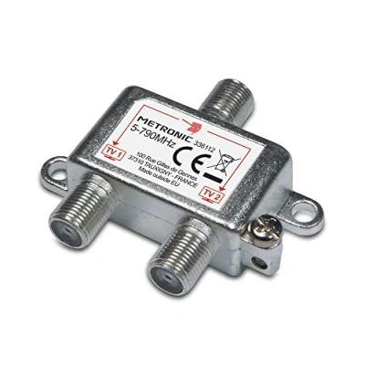 Abbildung von Metronic Verteiler TV Antenne, TNT, 2 Ausgänge, F Stecker, Splitter, Koppler für Fernseher, 336112
