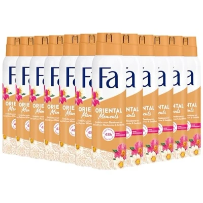 Abbildung von Fa Deospray Oriental Moments (12x 150 ml), Deo mit dem zarten Duft von Wüstenrose &amp; Sandelholz, ohne Aluminium für bis zu 48 h Schutz, hinterlässt keine Rückstände auf der Kleidung