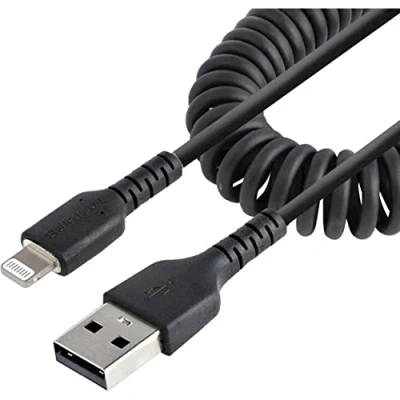 Abbildung von StarTech.com 50cm USB auf Lightning Kabel, Spiralkabel, MFi zertifiziert, Schnellladekabel für iPhone/iPad, Schwarz, robuster TPE Mantel mit Aramidfaser, 2.0 Kabel (RUSB2ALT50CMBC)