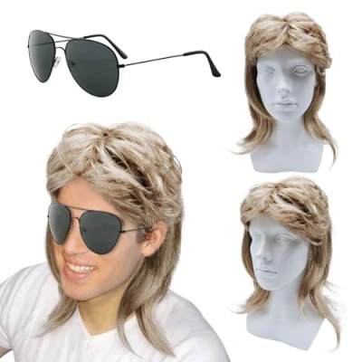 Abbildung von XNIVUIS Herren Vokuhila Perücke Männer Blonde 80er Mullet Perücke, Lang Synthetische Haare Cosplay Halloween Kostüm Party, 70er (2 Pcs)