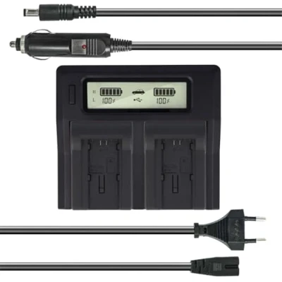 Abbildung von Dual Akku Ladegerät kompatibel mit Canon BP 709, 718, 727, 745 USB Anschluss, LCD Display und Kfz Ladekabel Schnellladegerät