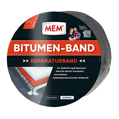 Abbildung von MEM Bitumen Band, Selbstklebendes Dichtungsband, UV beständige Schutzfolie, Stärke: 1,5 mm, Maße: 15 cm x 10 m, Farbe: Aluminium