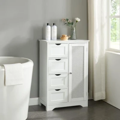Abbildung von [en.casa] Badezimmerschrank Karlsøy Midischrank Badschrank mit 4 Schubladen Schranktür im Rattan Design Beistellschrank Kommode 80x55x30cm Weiß