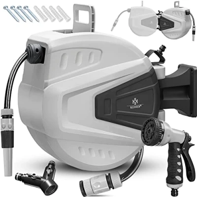 Abbildung von KESSER® Schlauchtrommel Wasser 30+2m Schlauchaufroller Inkl. 2 Wege Verteiler + Multi Handbrause Wasserschlauchtrommel Automatik 180 Schwenkbar Wandhalterung Gartenschlauch Grau