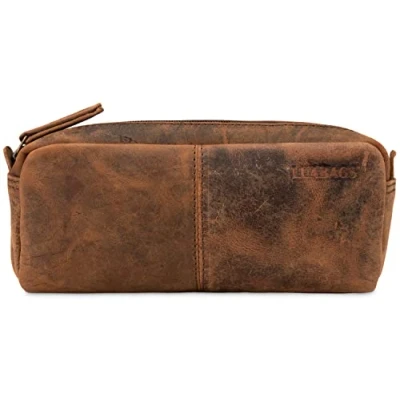 Abbildung von LEABAGS Leder Federmäppchen I Große Echtleder Federmappe Federtasche für Beruf Uni Schule Schlampermäppchen Stiftetui Stiftmappe Ledermäppchen Fox