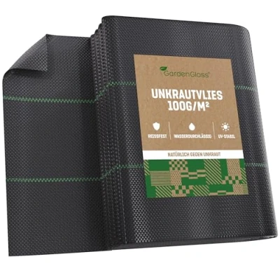Abbildung von GardenGloss 20m² Anti Unkrautgewebe 100g/m² Wasserdurchlässig und Reissfest Unkrautvlies Gartenvlies mit hoher UV Stabilisierung Bändchengewebe Unkrautfolie (10m x 2m, gefaltet)
