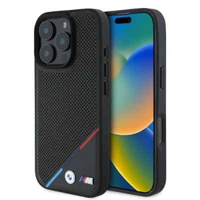 Abbildung von CG MOBILE BMW HC M Handyhülle entworfen für iPhone 16 Pro Max, langlebig, stoßfest, kompatibel mit Magsafe, PU perforierte Tricolor Line Hülle, Schwarz