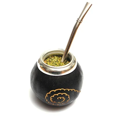 Abbildung von Mate Green Handgemachtes natürliches Tee Kürbis Set, Becher mit Bombilla Edelstahl (Yerba Strohhalm), Naturkürbis CARACAS 200 ml + Strohhalm 100 g