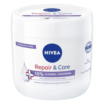 Abbildung von NIVEA Körpercreme Repair &amp; Care 400 ml, Allzweckcreme ohne Duft für empfindliche und gereizte Haut, schnell einziehende Körpercreme, Gesicht Hände, angereichert mit Panthenol Glycerin