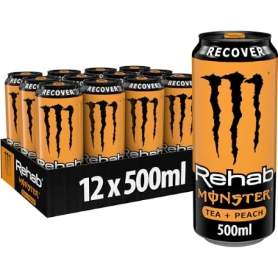Abbildung von Monster Energy Rehab Peach koffeinhaltiger Eistee mit Pfirsich Geschmack Drink ohne Kohlensäure in praktischen Einweg Dosen (12 x 500 ml)