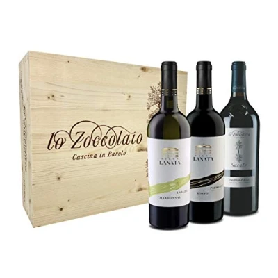 Abbildung von Lo Zoccolaio Langhe Chardonnay + Piemonte Rosso+ Barbera d&#039;Alba 3 Flaschen Italien Wein Holzbox trocken (3 x 0.75 l)