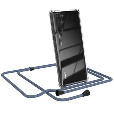 Abbildung von EAZY CASE Handykette kompatibel mit Huawei P30 Pro Handyhülle Umhängeband, Handykordel Schutzhülle, Silikonhülle, Hülle, Stylische Kette, EIS Blau Clips Schwarz