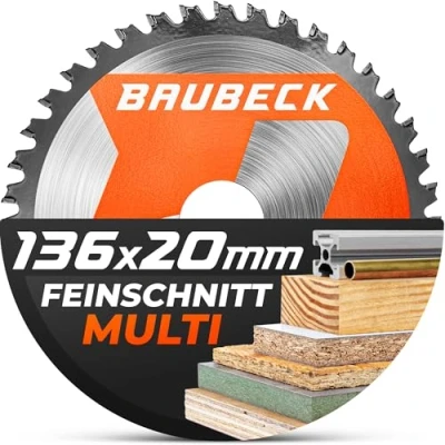 Abbildung von BAUBECK Sägeblatt 136x20 1.5mm Feinschnitt in Holz &amp; Alu, 40 Zähne für Akku Kreissägen, wie Bosch GKM 18v 50 oder M. DSS501 / Z, DCS552, DCS550 kompatibel, Kreissägeblatt 135x20