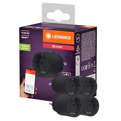 Abbildung von LEDVANCE SMART+ Smarte Steckdose für Innen mit ZigBee Technologie, bindet konventionelle Geräte ins Smart Home ein, misst und spart Stromverbrauch, kompatibel Alexa oder Google, schwarz, 4er Pack