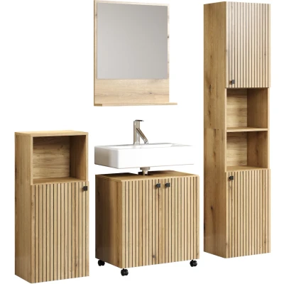Abbildung von welltime Badezimmer Set &quot;Amrum Waschbeckenunterschrank Spiegel Hochschrank Badschrank&quot;, (Komplett Set, 4 St.), teiliges Badezimmerset Eiche Rillenoptik Badmöbel Badset