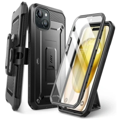 Abbildung von SUPCASE Schutzhülle für iPhone 15 mit Displayschutzfolie, [Unicorn Beetle Pro] [Integrierter Ständer und Gürtelclip] [Schutz in Militärqualität] 360 Full Body Heavy Duty Rugged Phone Case