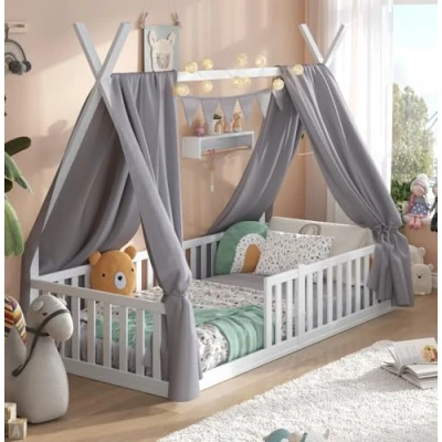 Abbildung von ALAVYA HOME® Kinderbett Hausbett Bodenbett Sky Set mit Deko und Matratze I FSC® zertifizierte inkl. Rausfallschutz &amp; Lattenrost (Hausbett Grau Matratze, 90 x 200 cm)