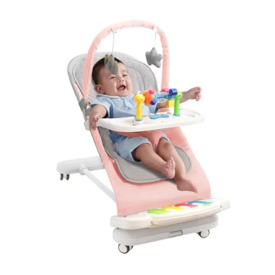 Abbildung von Babywippe mit Abnehmbarer Spielbogen, Baby Bouncer Klavierspielzeuge, Fütterungstablett, Verdicktem Kissen und Rädern, 4 Stufig Verstellbare Wippe für Neugeborene 0 18 Monate (Rosa)