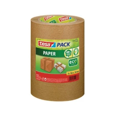 Abbildung von tesa tesapack Paper ecoLogo im 3er Pack Umweltgerechtes Paketband aus Papier, 60% biobasiertes Material Braun 3 Rollen je 50 m x 50mm