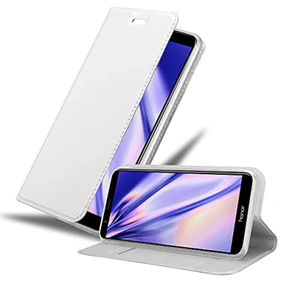 Abbildung von Cadorabo Hülle kompatibel mit Honor 7X aus Premium Kunst Leder Flip Klappbare Stoßfeste Magnetische [Standfunktion] [Kartenfächern] Cover für Tasche in Silber