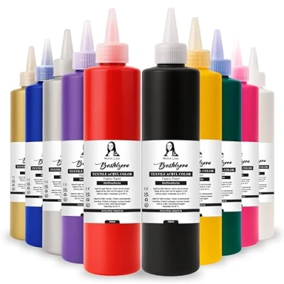 Abbildung von Stofffarben Set 10 x 500ml. Waschfeste Textilfarbe für helle Stoffe. Waschmaschinenfest, Waschbeständig. Fixierung durch Bügeln (10 Farben Set)