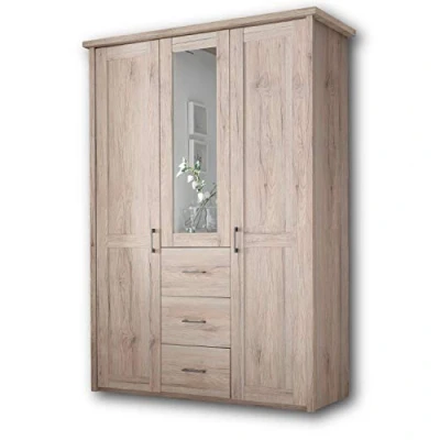 Abbildung von Stella Trading KOMFORT Eleganter Kleiderschrank im Landhausstil 3 türig Vielseitiger Drehtürenschrank mit Spiegeltür in Eiche San Remo 150 x 212 62 cm (B/H/T)