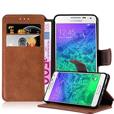 Abbildung von Cadorabo Hülle kompatibel mit Samsung Galaxy Alpha Handyhülle aus Premium Kunst Leder Flip Klappbare Stoßfeste Magnetische [Standfunktion] [Kartenfächern] Case für Tasche in Braun