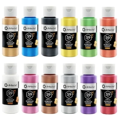 Abbildung von Artecho Metallic Acrylfarben Set 12x59 ml, Ungiftige Farben, Wasserfest und Lichtecht, Schnell Trocknend, ideal für Leinwand, Papier Stoffe.