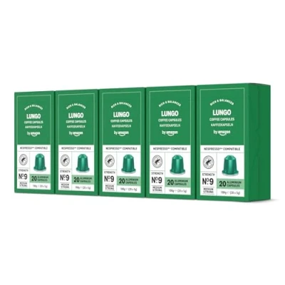Abbildung von by Amazon Lungo Aluminium Kaffeekapseln, kompatibel mit Nespresso, mittelgeröstet, 100 Stück (5 Packungen je 20 Stück) Rainforest Alliance zertifiziert