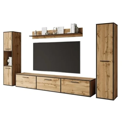Abbildung von MINIO Wohnwand Wohnzimmer 4 teilig Toga, Möbel Set, 1x TV Lowboard, 2X Hochschrank, Wandboard, Wohnzimmermöbel Komplett, Set Farbe Wotan Eiche/Schwarz