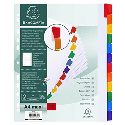 Abbildung von Exacompta 4312E Karton Register Weiß in Überbreite für DIN A4 MAXI aus starkem 12 teilig volle Höhe 24 x 29,7 cm weiße Blätter 2 6 farbige und verstärkte Taben Trennblätter Trennstreifen