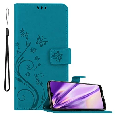 Abbildung von Cadorabo Hülle kompatibel mit Xiaomi RedMi 8A Blumen Design aus Premium Kunst Leder Flip Klappbare Stoßfeste Magnetische [Standfunktion] [Kartenfächern] Cover für Tasche in Blau