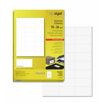 Abbildung von SIGEL LA132 Universal Etiketten selbstklebend, bedruckbar, weiß, 70 x 36 mm, 2400 = 100 Blatt