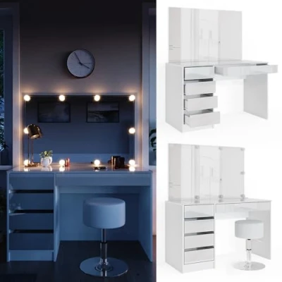 Abbildung von Vicco Schminktisch Sherry, Weiß, 120 cm + LED Beleuchtung und Hocker
