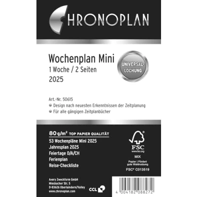 Abbildung von Chronoplan 50615 Kalendereinlage 2025 (Wochenplan Mini (79x125mm) Ersatzkalendarium für Terminplaner, ideal detaillierte Wochenplanung, 1 Woche auf 2 Seiten in Zeilen, mit Universallochung) weiß