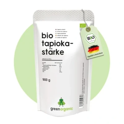Abbildung von Tapiokastärke Bio glutenfrei ideal Backen Kochen Andicken Abbinden Mochi Tapioka perlen Bubble Tea Abgefüllt und kontrolliert in Deutschland 900 g