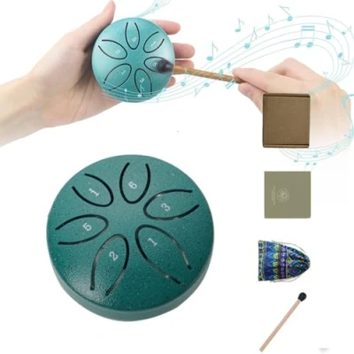 Abbildung von GERUI Zungentrommel Steel Tongue Drum,3 Zoll 6 Töne Schlagzeug Anfänger,Mini Pan Drum Percussion 3 Stahlzungen mit Schlägeln für Meditation Yoga (Grün)