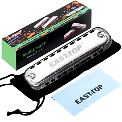 Abbildung von EAST TOP Junior Mundharmonika, glatt abgerundete Kante, 10 Löcher, C Taste, Blues Mundharmonika für Kinder und als Geschenk, mit Stoffbeutel, bunte Schachtel, schwarz