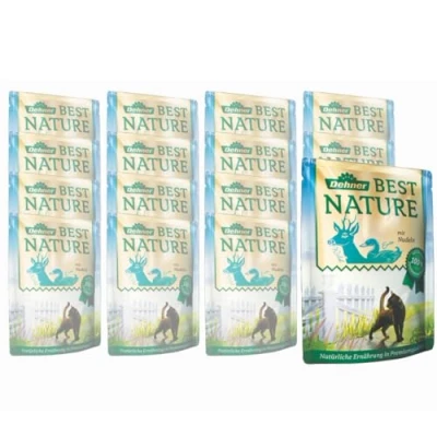 Abbildung von Dehner Best Nature Katzenfutter, Nassfutter, für ausgewachsene Katzen, Wild / Ente /Nudeln, 16 x 85 g Beutel (1.36 kg)
