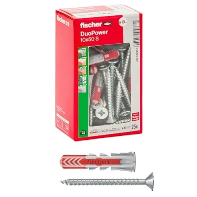 Abbildung von Fischer 25 x Dübel mit Schraube DuoPower 10 50 mm, für Mauern, Lochstein, Gipskarton, 537648