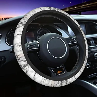Abbildung von Auto Lenkradbezug, weiße Marmor Textur, universelle Passform, 38,1 cm (15 Zoll), Lenkradabdeckung für SUV, Limousine, Vans, LKWs Damen und Herren