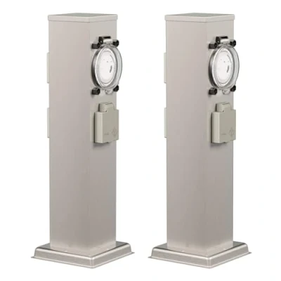 Abbildung von ledscom.de 2 Stück Garten Steckdosensäule Polly für außen, IP44, Timer/Zeitschaltuhr, 3 Fach, Edelstahl, eckig, 38 cm