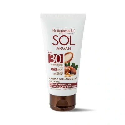 Abbildung von Bottega Verde SOL Argan Sonnencreme für das Gesicht Anti Aging Flecken trockener mattierender Touch mit Arganöl und Vitamin E SPF30 hoher Schutz (50 ml) wasserfest Mischhaut