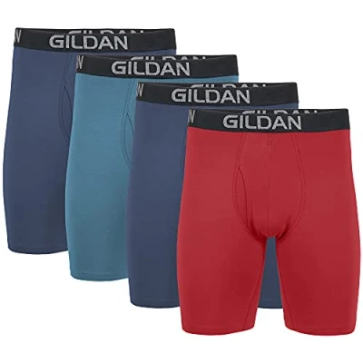 Abbildung von Gildan Herren Cotton Stretch Boxer Brief, Multipack Retroshorts, Blue Cove/Hawaiian Blue/Heather Red Mark (4er Pack, langes Bein), XX Large
