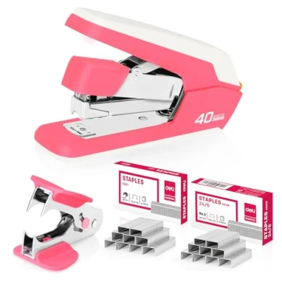 Abbildung von Deli Müheloses Schreibtischhefter, robuster Hefter, 40 50 Blatt Kapazität, ein Finger, kein Aufwand, inklusive Heftklammern &amp; Heftklammerentferner, Rose