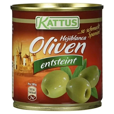 Abbildung von Kattus Grüne Hojiblanca Oliven ohne Stein Spanische entsteint Ideal zu Pizza, Fleisch oder Fischgerichte 85 g in der Dose